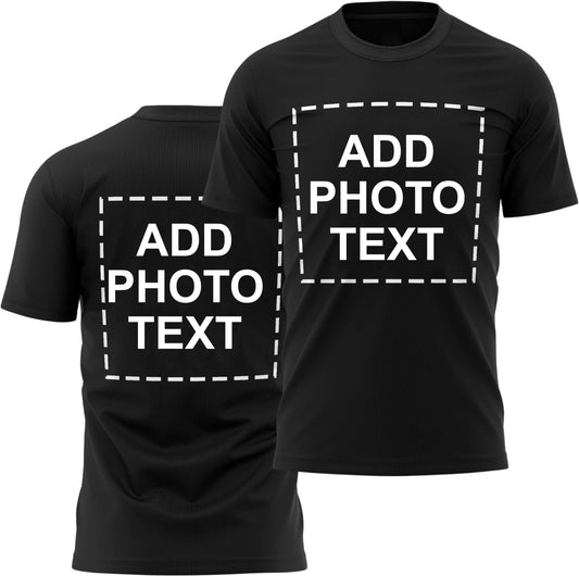 Black T-Shirt With "Add Photo Text" In White Boxes Indicating Customization.