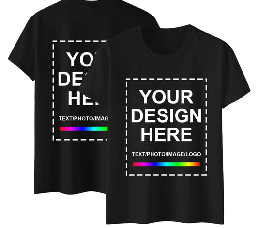Two Black T-Shirts With White Boxes Indicating "Your Design Here" Customization.