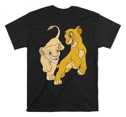 Black t-shirt featuring a cartoon graphic of young Simba and Nala from Disney's "The Lion King".