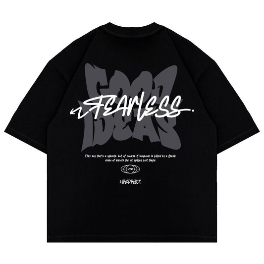 Black t-shirt with "Fearless Good Ideas" graphic and text print on the back.