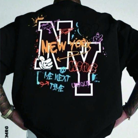 Black t-shirt featuring a "New York" graphic with neon-style accents on the back.
