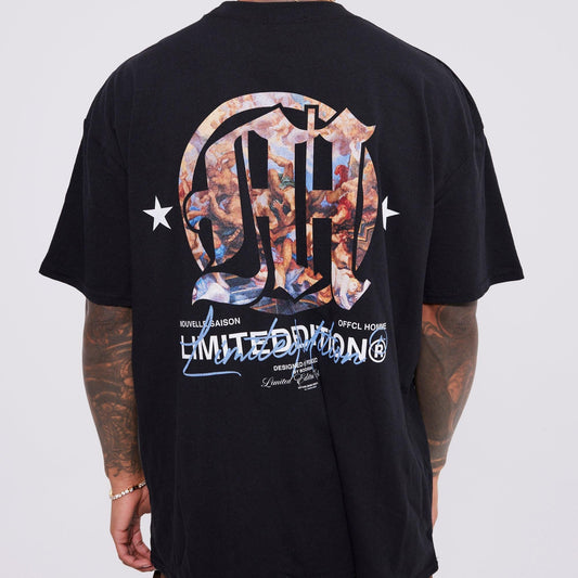 Black oversized t-shirt featuring a Renaissance-inspired graphic print on the back, short sleeves.