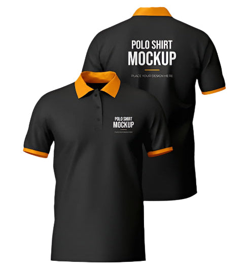 Black Polo T-Shirt featuring orange collar and sleeve trim details.