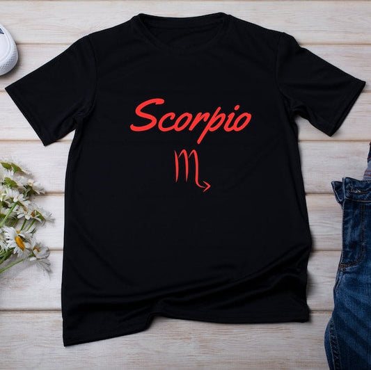 Black t-shirt features the word "Scorpio" and its astrological symbol in red.