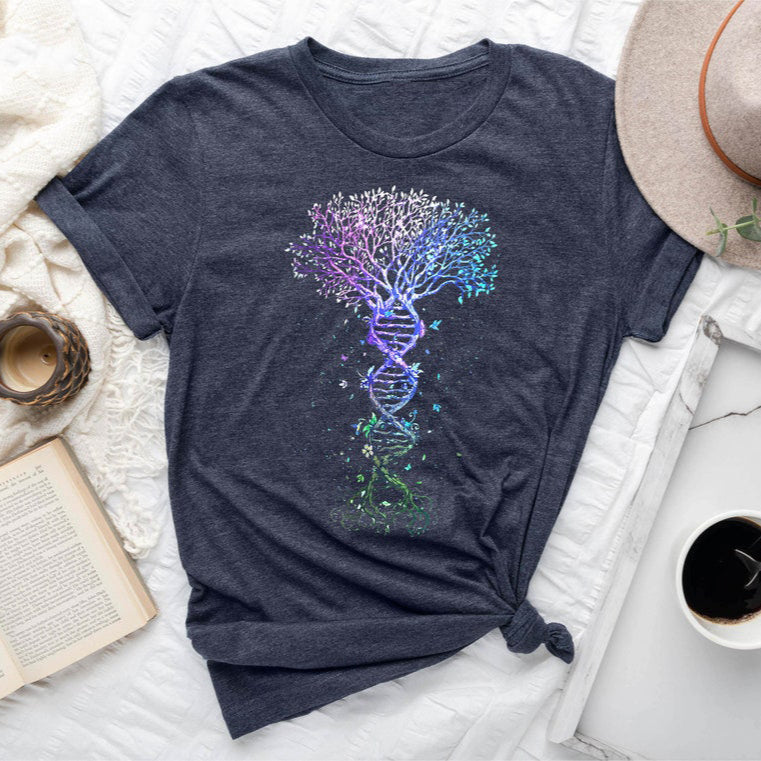 Heather Black T-Shirt featuring a vibrant, artistic rendering of a DNA helix transforming into a tree of life.