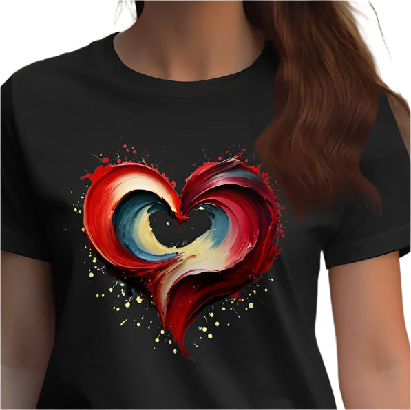 Black t-shirt featuring a dynamic, abstract heart graphic.