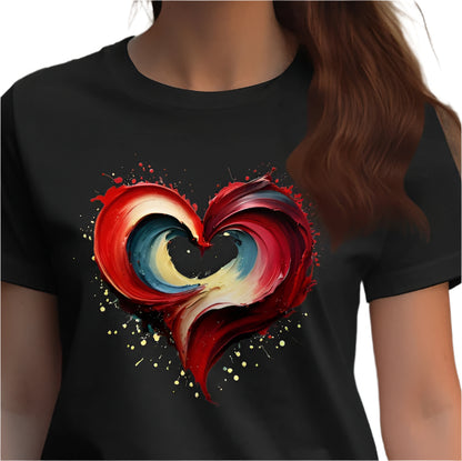 Black t-shirt featuring a dynamic, abstract heart graphic.