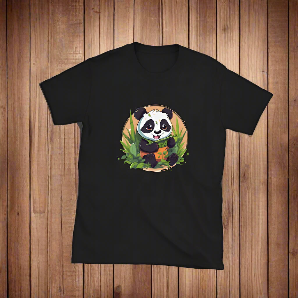 Black t-shirt shows a cartoon panda sitting and happily eating green bamboo stalks.