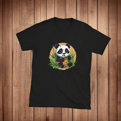Black t-shirt shows a cartoon panda sitting and happily eating green bamboo stalks.