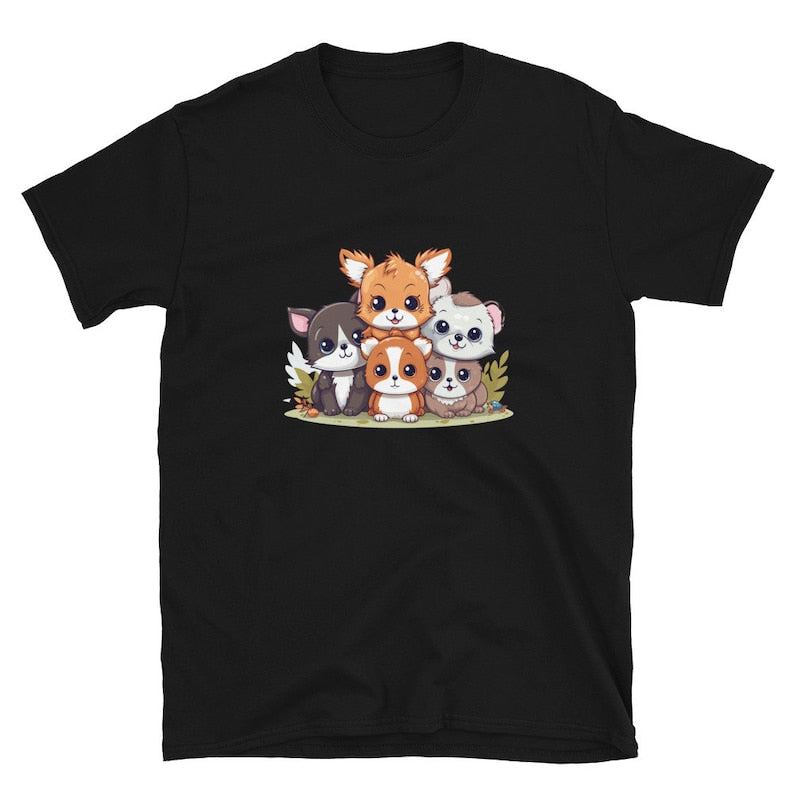 Black t-shirt featuring a stack of five adorable cartoon animals: a fox, cat, hamster, and two dogs.