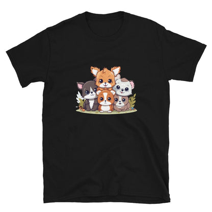 Black t-shirt featuring a stack of five adorable cartoon animals: a fox, cat, hamster, and two dogs.