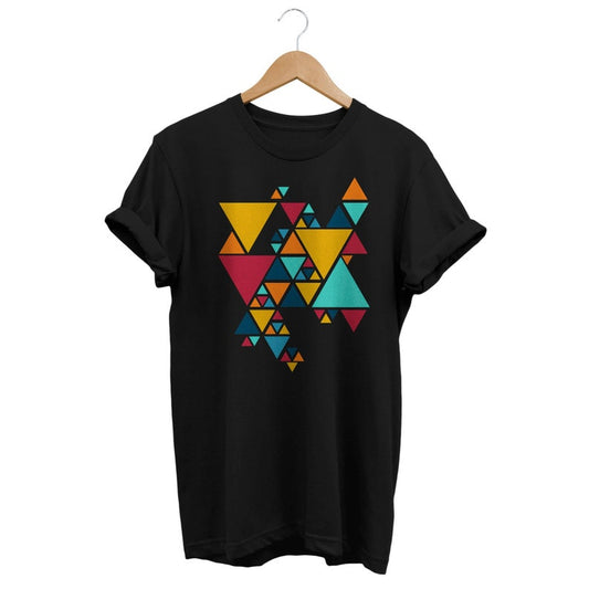 Black t-shirt featuring a colorful cluster of abstract geometric triangles.
