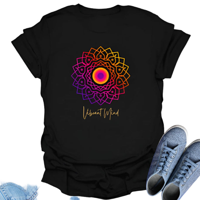 Black t-shirt displays a colorful gradient mandala graphic and the text "Vibrant Mind" in cursive.