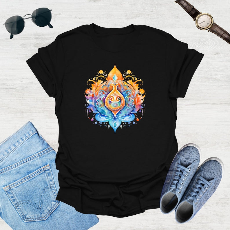 Black t-shirt showcases a colorful, psychedelic lotus flower graphic with swirling orange, blue, and yellow details.