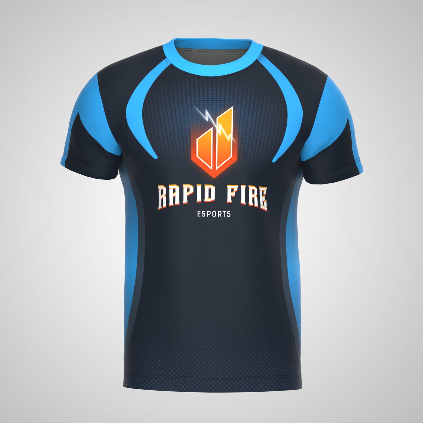 Front View of Black and Blue Rapid Fire E-Sports Print Sublimation T-Shirt