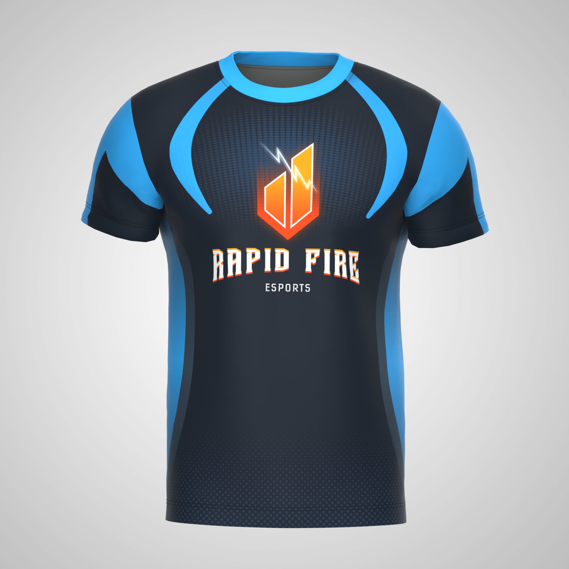 Front View of Black and Blue Rapid Fire E-Sports Print Sublimation T-Shirt