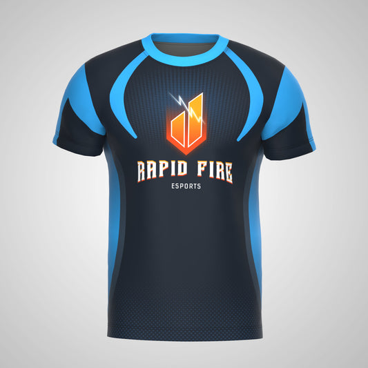 Front View of Black and Blue Rapid Fire E-Sports Print Sublimation T-Shirt