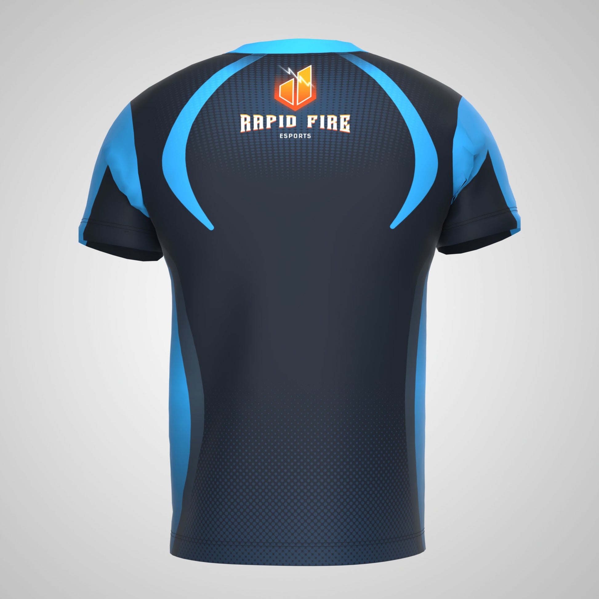 Back View of Black and Blue Rapid Fire E-Sports Print Sublimation T-Shirt