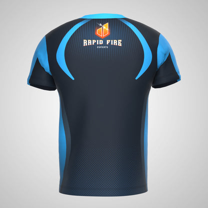 Back View of Black and Blue Rapid Fire E-Sports Print Sublimation T-Shirt