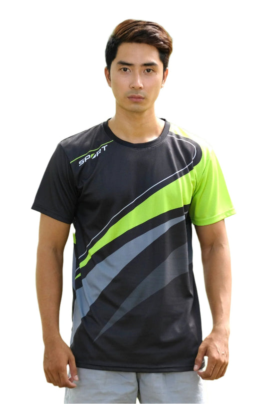 Black T-Shirt with neon green and grey stripes for sport activities.