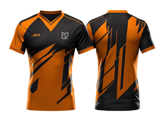 Black and orange short-sleeved gaming T-Shirt with abstract sublimation print.