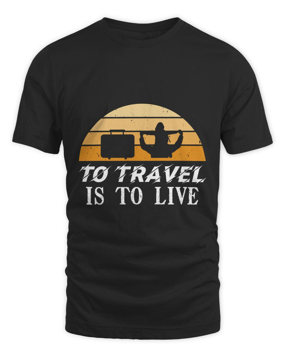  Black short-sleeved t-shirt featuring a silhouette of a person with luggage against a striped sunset and the text "TO TRAVEL IS TO LIVE".