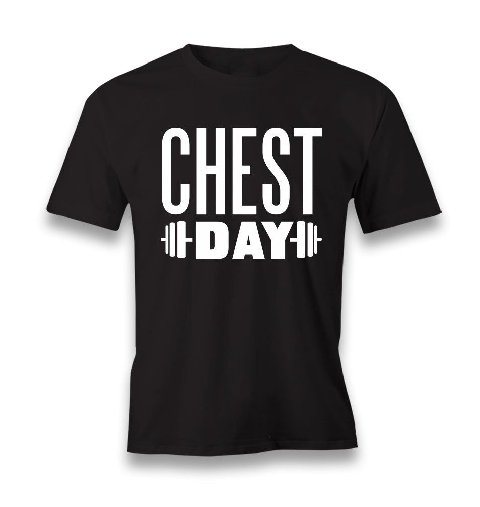 Black t-shirt with "CHEST DAY" text and barbell graphic.