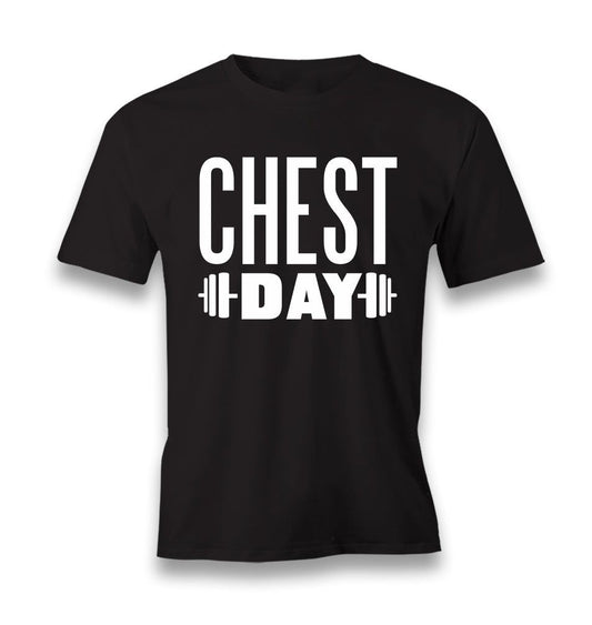 Black t-shirt with "CHEST DAY" text and barbell graphic.