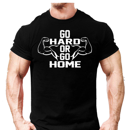 Black t-shirt with "GO HARD OR GO HOME" text and flexing arm graphics on muscular man.
