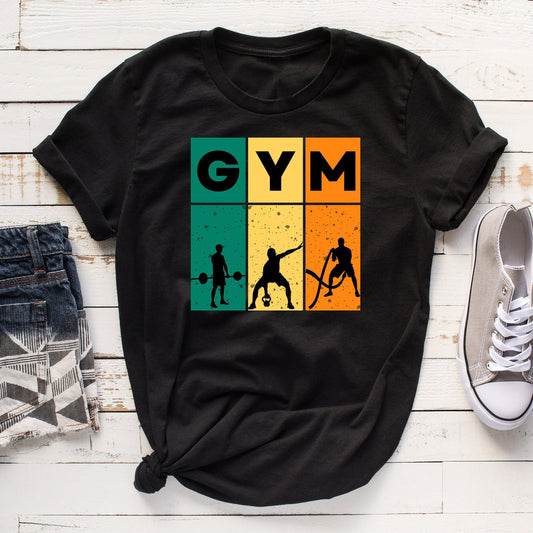 Black t-shirt with "GYM" text and workout icons in colorful squares.
