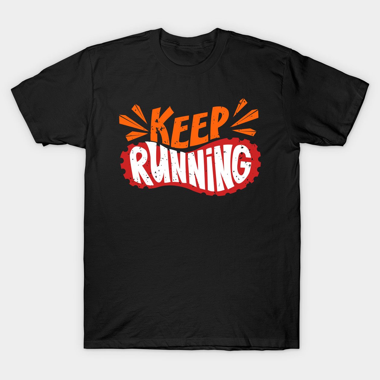 Black t-shirt with "KEEP RUNNING" text in stylized font and colors.