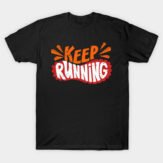 Black t-shirt with "KEEP RUNNING" text in stylized font and colors.