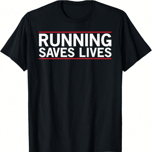  Black t-shirt with "RUNNING SAVES LIVES" text in white with red stripes.
