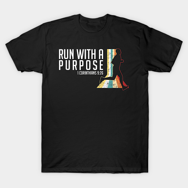 Black t-shirt with "RUN WITH A PURPOSE 1 CORINTHIANS 9:26" text and running silhouette.
