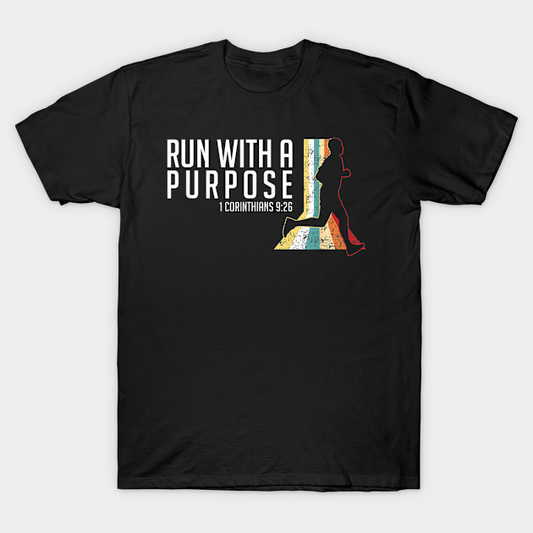 Black t-shirt with "RUN WITH A PURPOSE 1 CORINTHIANS 9:26" text and running silhouette.
