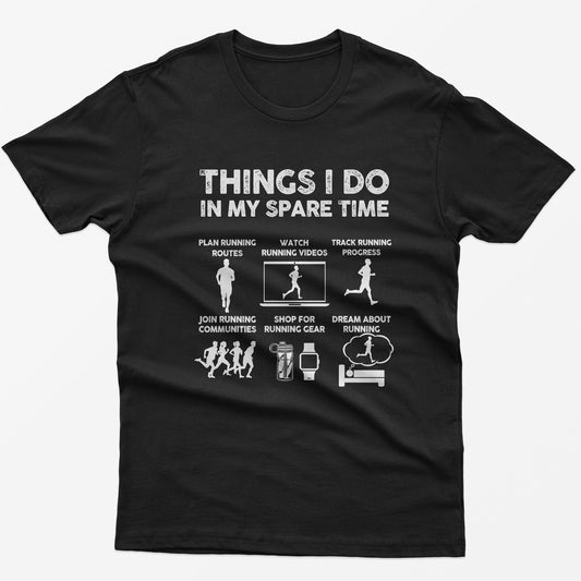 Black t-shirt with "Things I Do In My Spare Time" text and running-related icons.