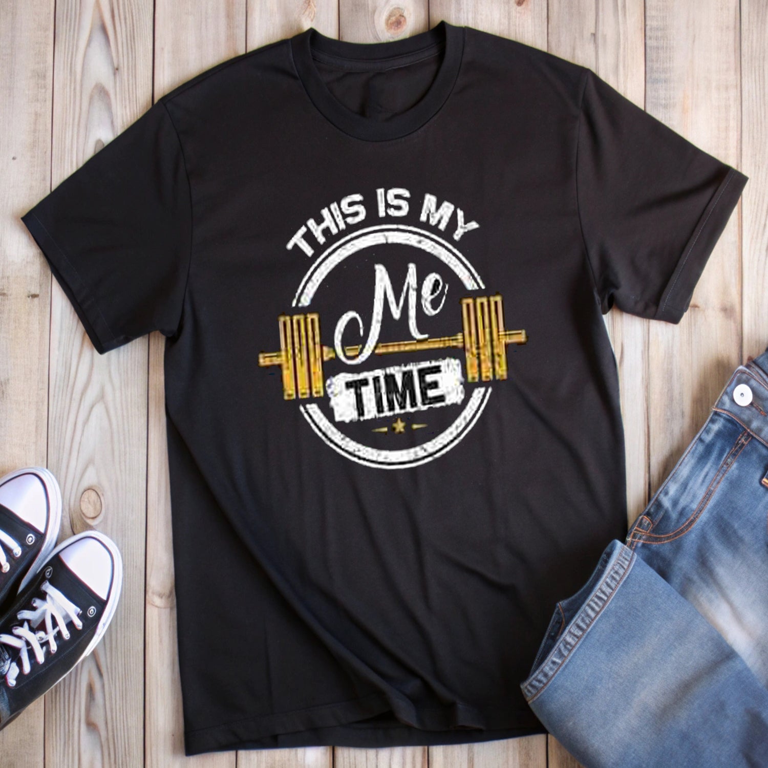 Black t-shirt with "This is my Me Time" text and barbell graphic.