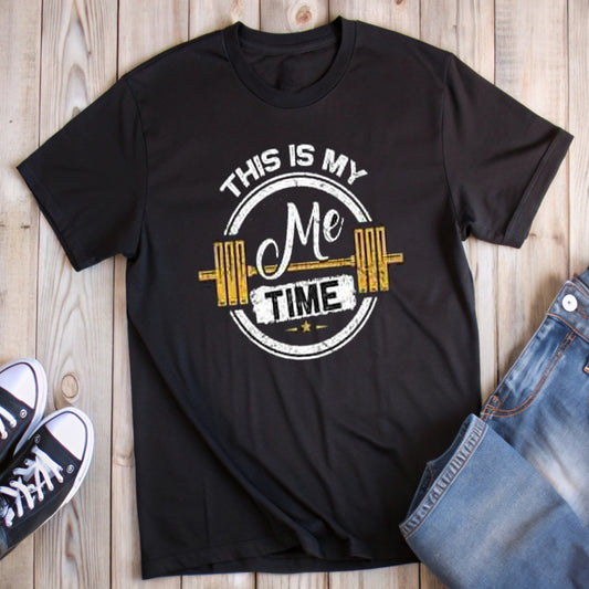 Black t-shirt with "This is my Me Time" text and barbell graphic.
