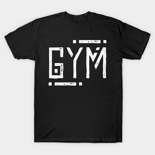Black t-shirt with bold, distressed "GYM" text in white.