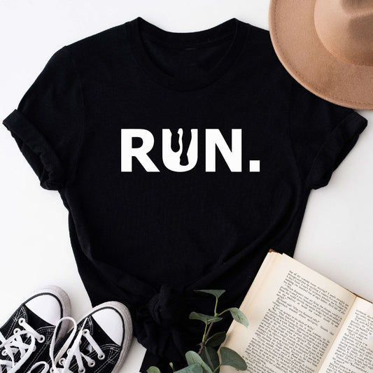 Black t-shirt with large white "RUN." text.