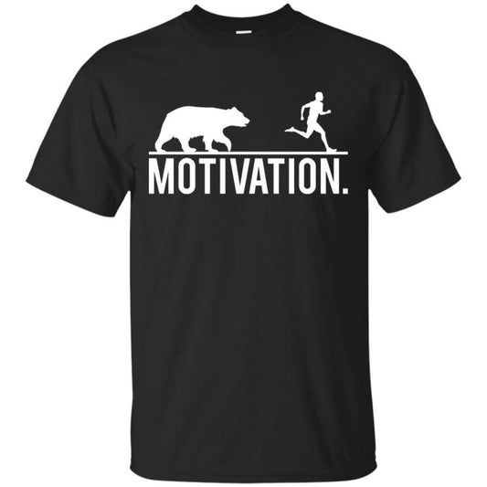 Black t-shirt with white bear chasing jogger, "MOTIVATION." text.