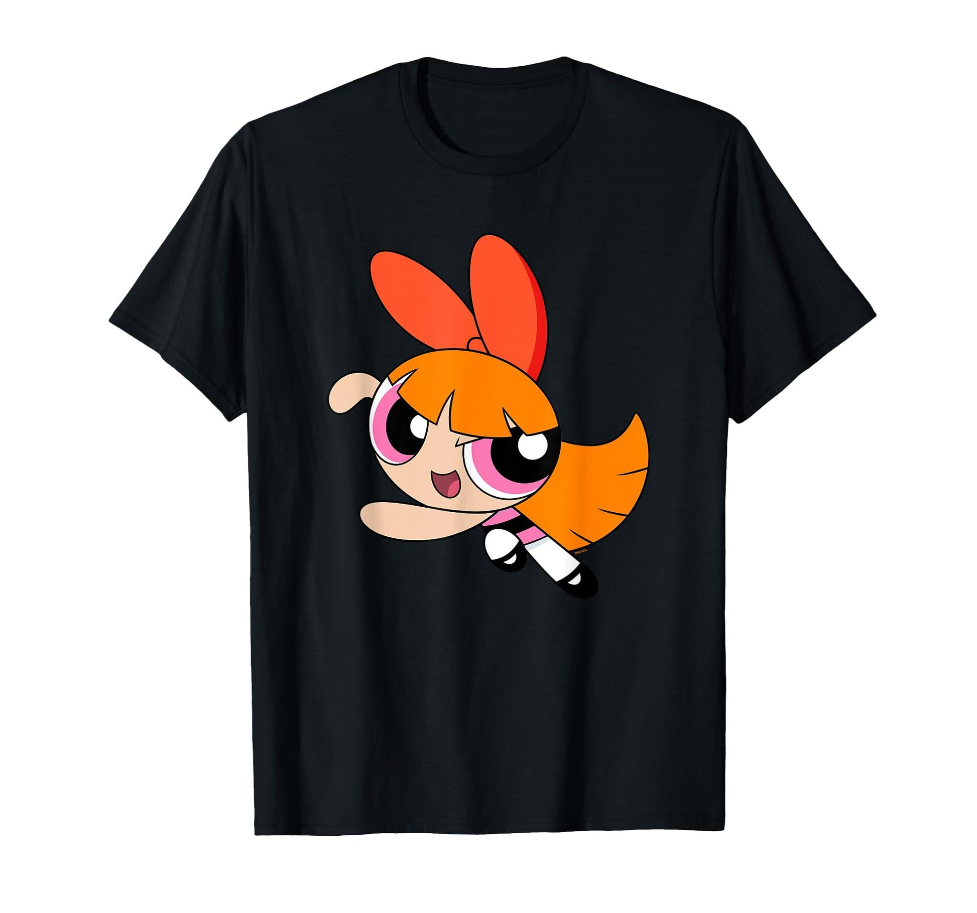 Black t-shirt with a cartoon image of Blossom from The Powerpuff Girls.