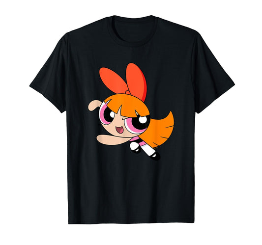 Black t-shirt with a cartoon image of Blossom from The Powerpuff Girls.