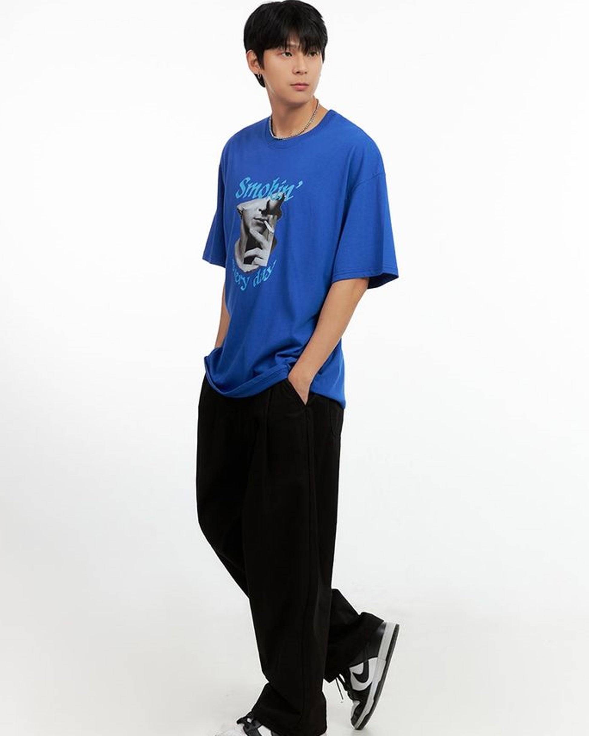 Blue Full Front View of Smokin Every Day Printed Oversized T-Shirt