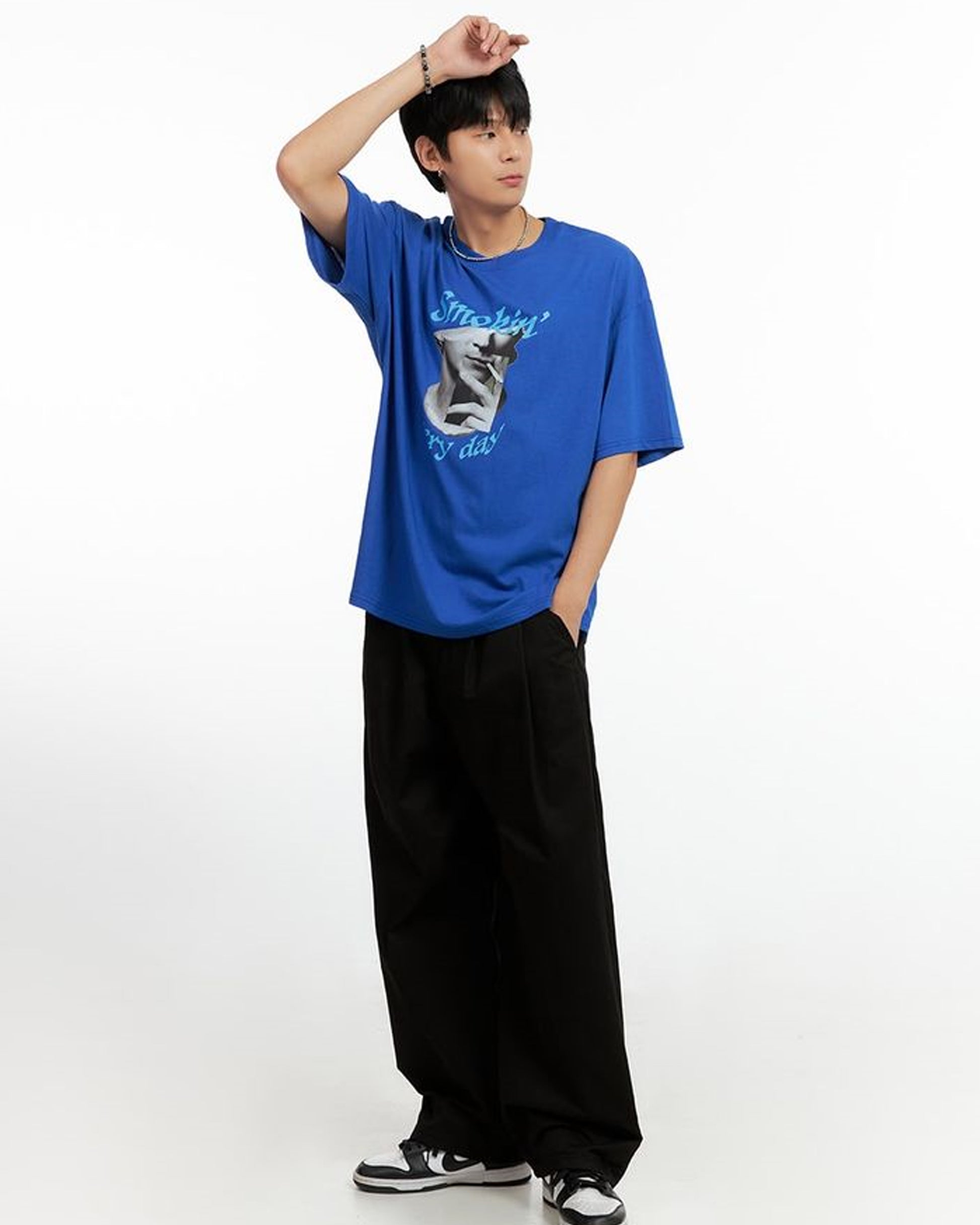 Blue Side Front View of Smokin Every Day Printed Oversized T-Shirt