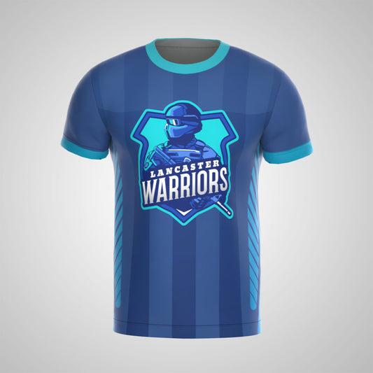 Blue sports T-Shirt featuring a graphic design.