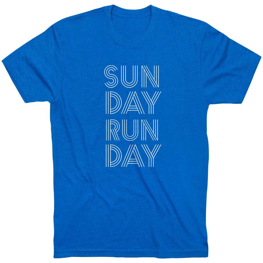 Blue t-shirt with white "SUN DAY RUN DAY" text in stacked lines.