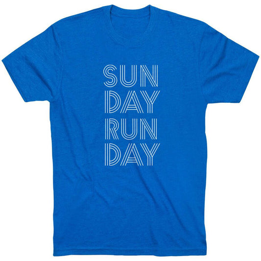 Blue t-shirt with white "SUN DAY RUN DAY" text in stacked lines.