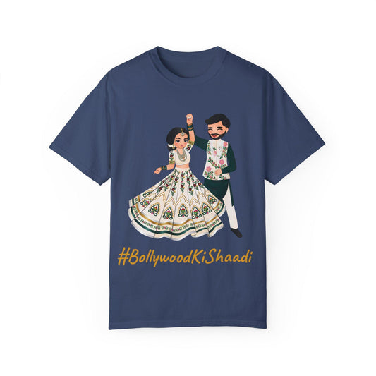 Dark blue cotton t-shirt with a cartoon illustration of a couple in what appears to be South Asian wedding attire dancing, above the text "#BollywoodKiShaadi".