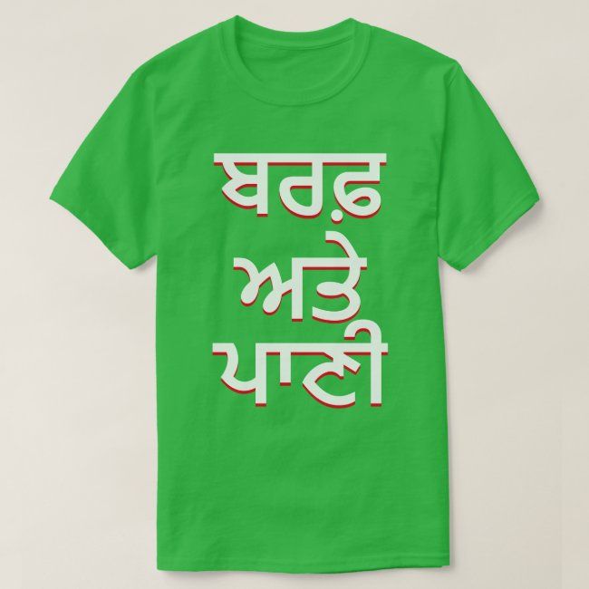 reen Punjabi t-shirt featuring bold white text "Baraf Ate Pani" in Gurmukhi script